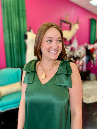 Emerald Green Satin Bow Dress