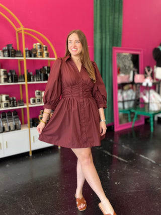 Maroon Balloon Sleeve Dress