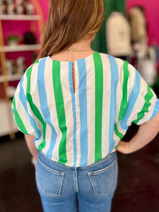 Green, Blue, & White Striped Top
