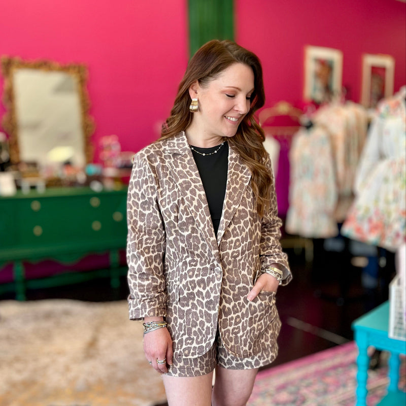 Washed Brown Denim Leopard Blazer