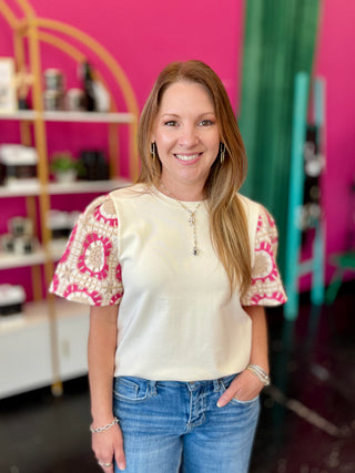 Pink, Beige, & Cream Crochet Sleeve Top