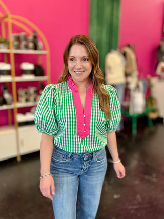 Green Gingham & Pink Top