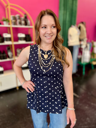 Navy & White Polka Dot Peplum Top