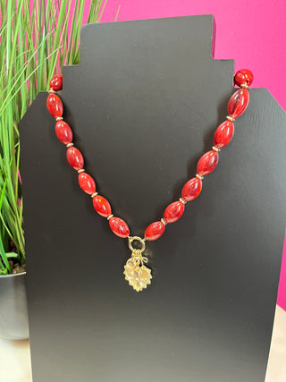 Maroon Beaded Charm Pendant Necklace