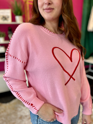 Pink & Red Embroidery Heart Sweater