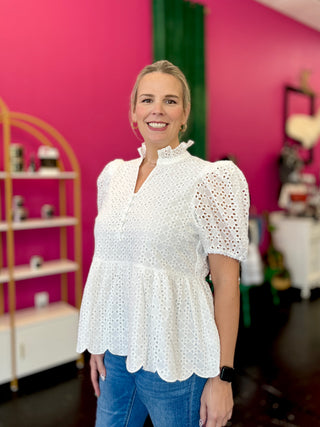 White Eyelet Peplum Top