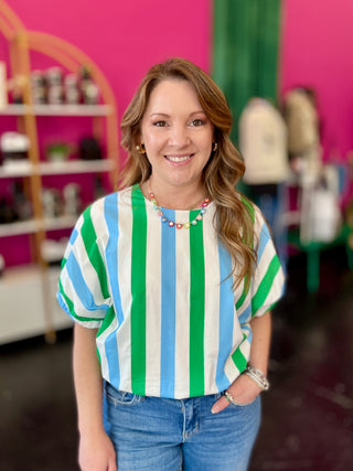 Green, Blue, & White Striped Top