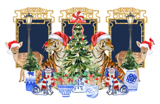 Decorative scene with tigers, deer, and Santa hats around a Christmas tree.