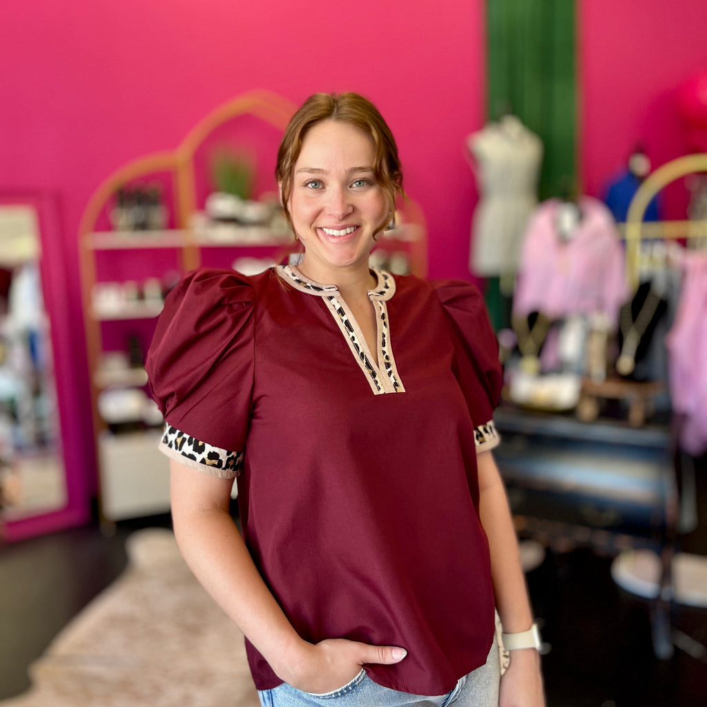 Maroon & Leopard Trim Top