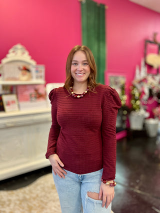 Wine Textured Puff Sleeve Top