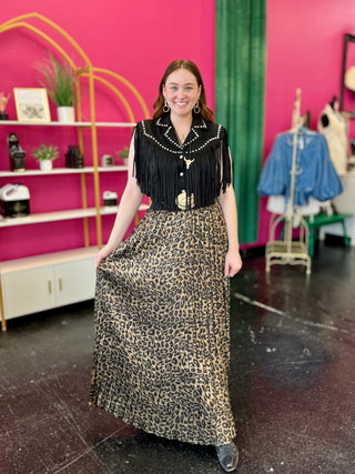 Metallic leopard print pleated maxi skirt