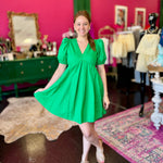 Green VNeck Baby Doll Dress