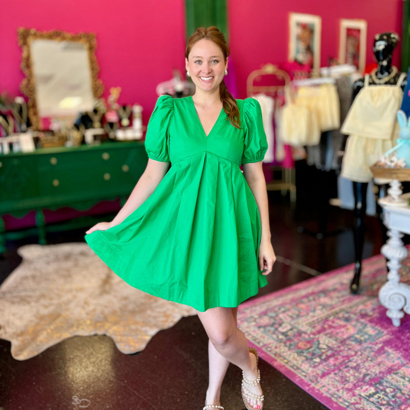 Green VNeck Baby Doll Dress