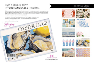 Acrylic tray with interchangeable inserts featuring oyster design and coastal theme.