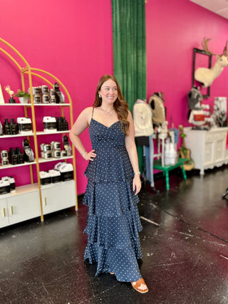 Navy Polka Dot Tiered Maxi Dress