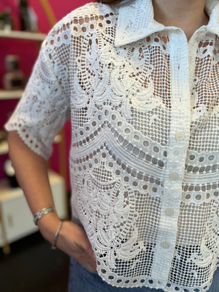 Off White Lace Button Up Top