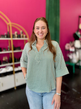 Hunter Green Gingham VNeck Top