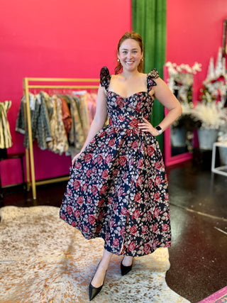 Navy Floral Print Midi Dress