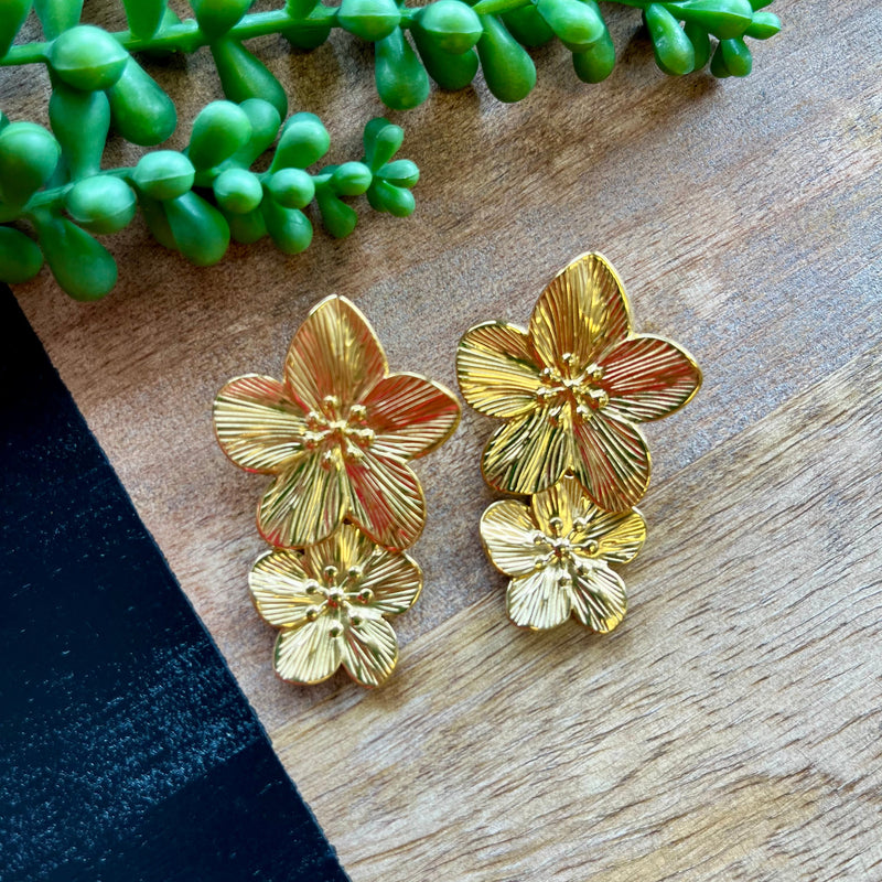 Gold Double Stacked Flower Earrings - Water Resistant