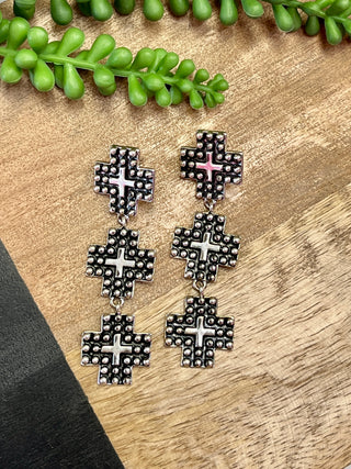 Silver 3 Dot Cross Earrings