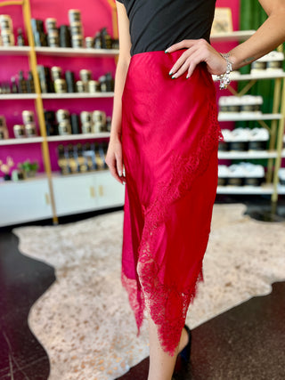 Red Satin & Lace Asymmetrical Midi Skirt