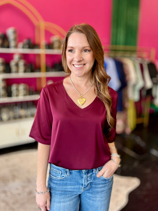 Maroon Satin VNeck Top