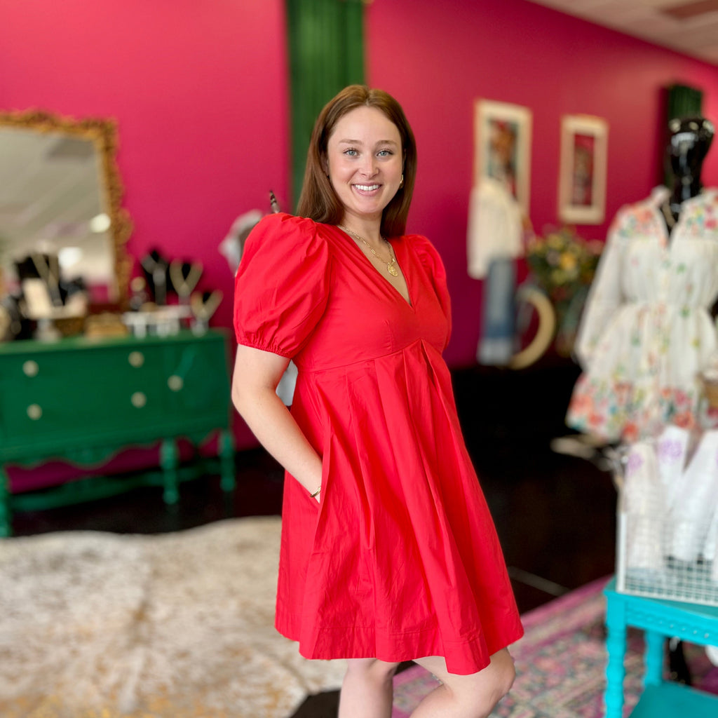 Red VNeck Baby Doll Dress