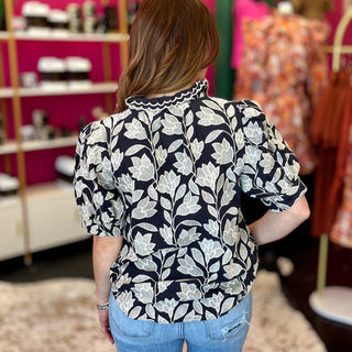 Navy & White Embroidery Top