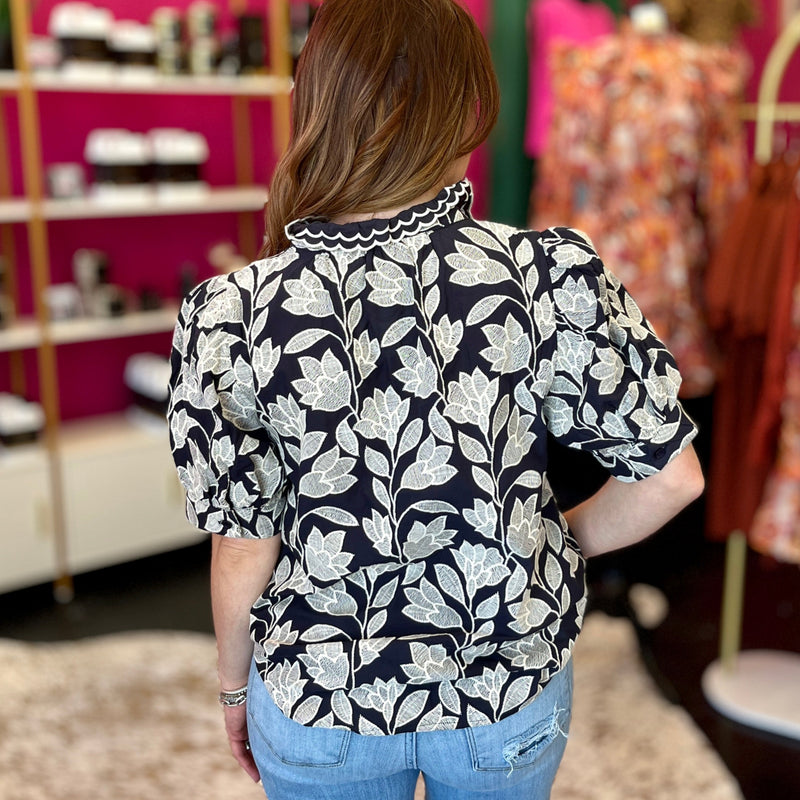 Navy & White Embroidery Top