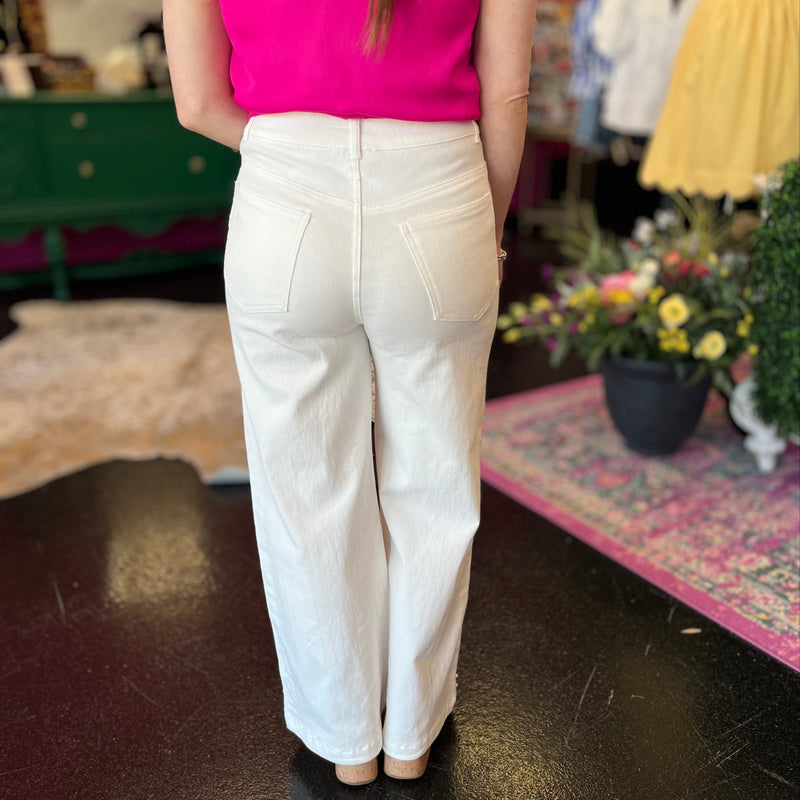 White Denim & Pearl Detail Wide Leg Jeans