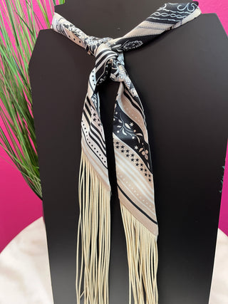 Ivory & Black Print Fringe Twilly