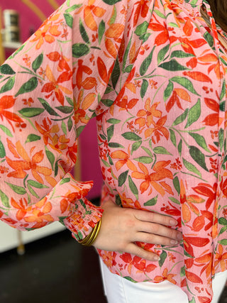 Pink & Green Floral Chiffon Top