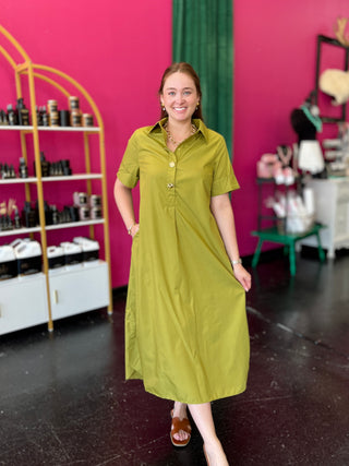 Chartreuse 3 Gold Button Midi Dress
