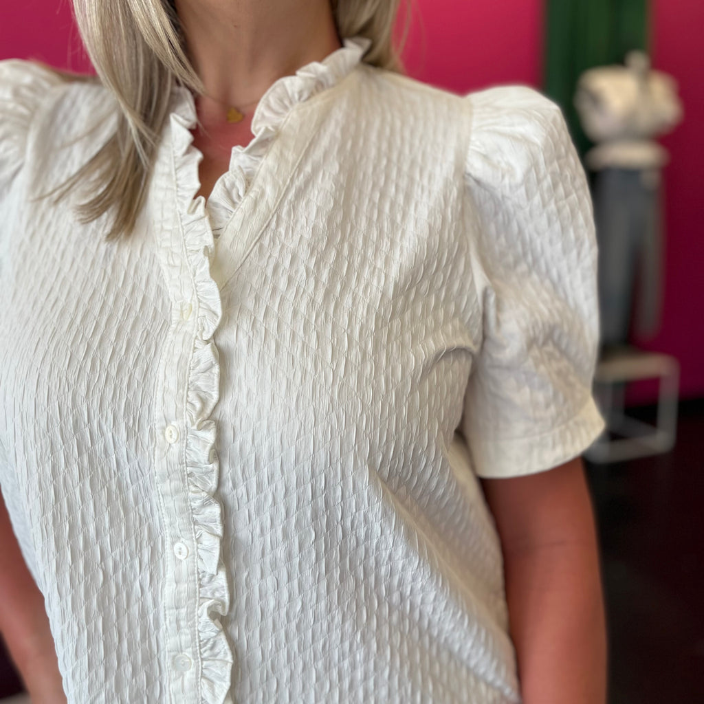 White Textured Ruffle Trim Top