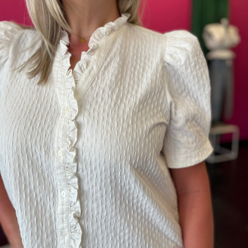 White Textured Ruffle Trim Top