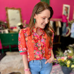 Orange Floral Button Up Top