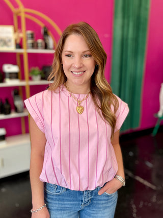 Light Pink Striped Bubble Hem Top