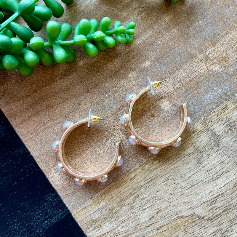 Gold & Pearl Stone Hoops