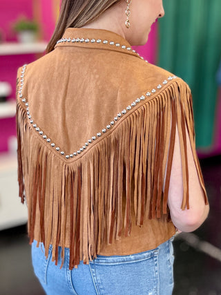 Camel Studded Fringe Vest Top