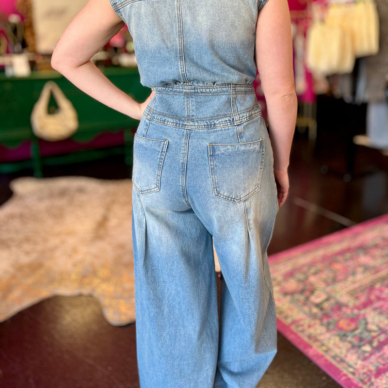 Washed Denim Wide Leg Jumpsuit