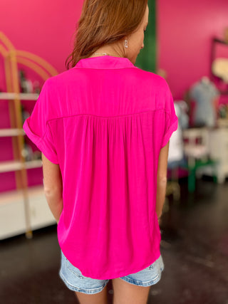 Hot Pink Satin Button Up Top