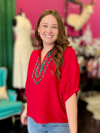 Red & Tartan Plaid Trim Top