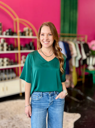 Green Satin VNeck Top
