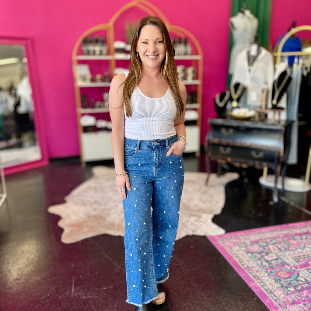 Denim & Scattered Pearl Straight Leg Jeans