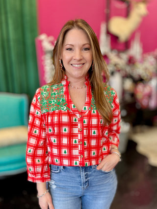 Jane Red Plaid & Embroidery Top