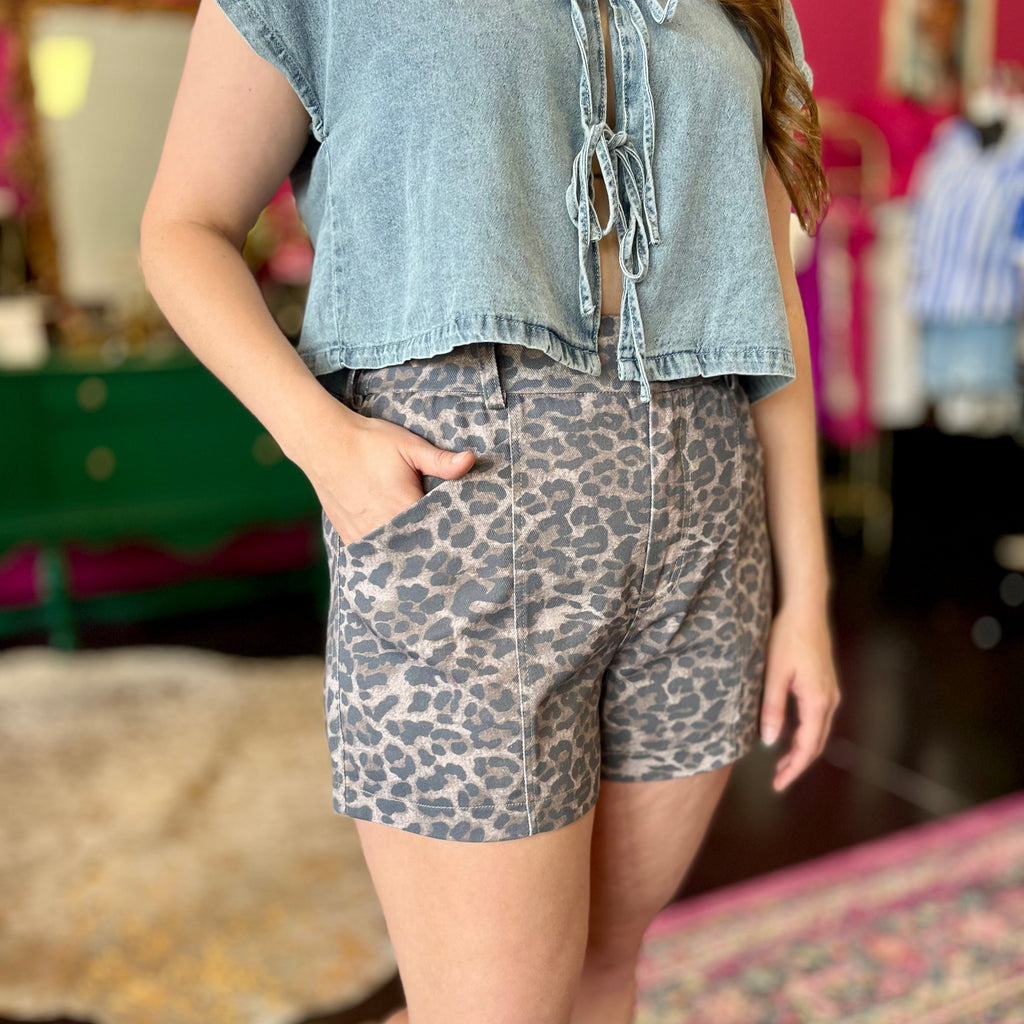 Mocha Leopard Denim Shorts