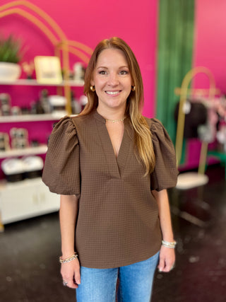 Chocolate Brown Textured Puff Sleeve Top