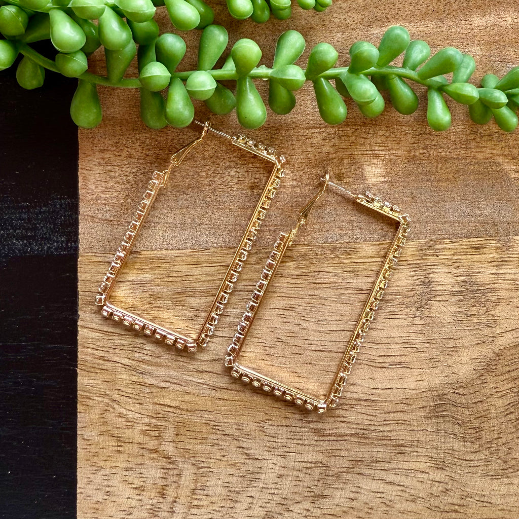 Gold Crystal Rectangle Hoop Earrings