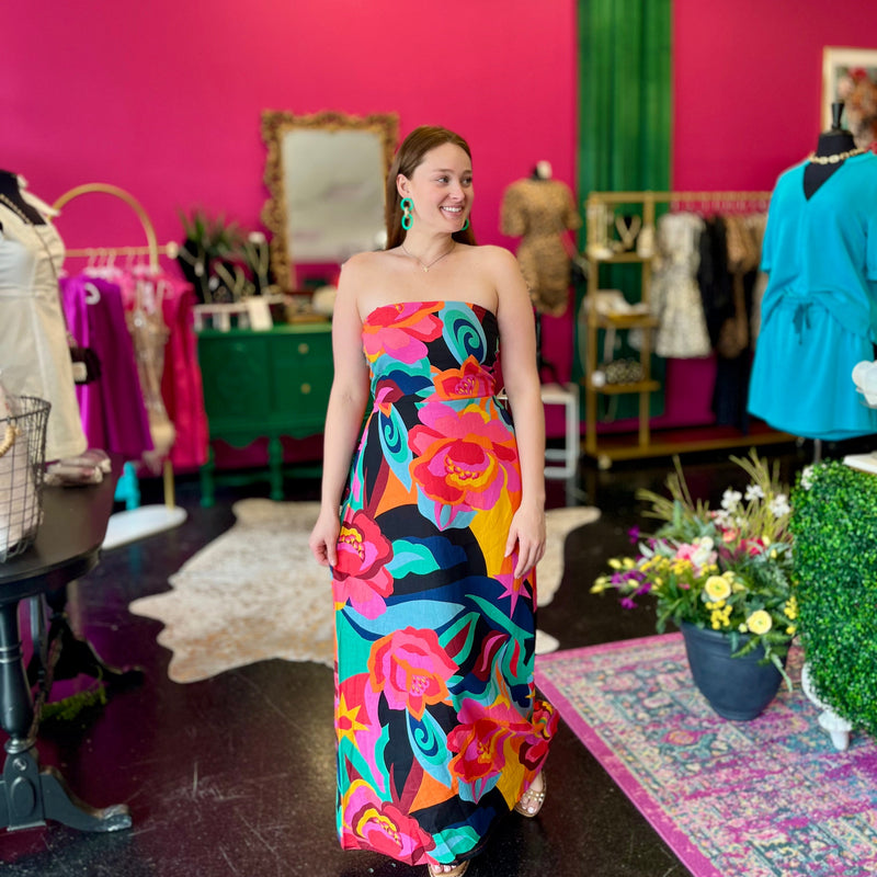 Bright Floral Strapless Maxi Dress