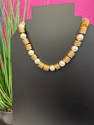 Gold Circle Disk & Pearl Necklace